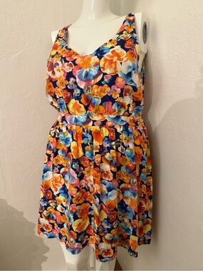 Floral V-Neck Sleeveless Summer Dress - Orange, Yellow, Navy & Multicolor